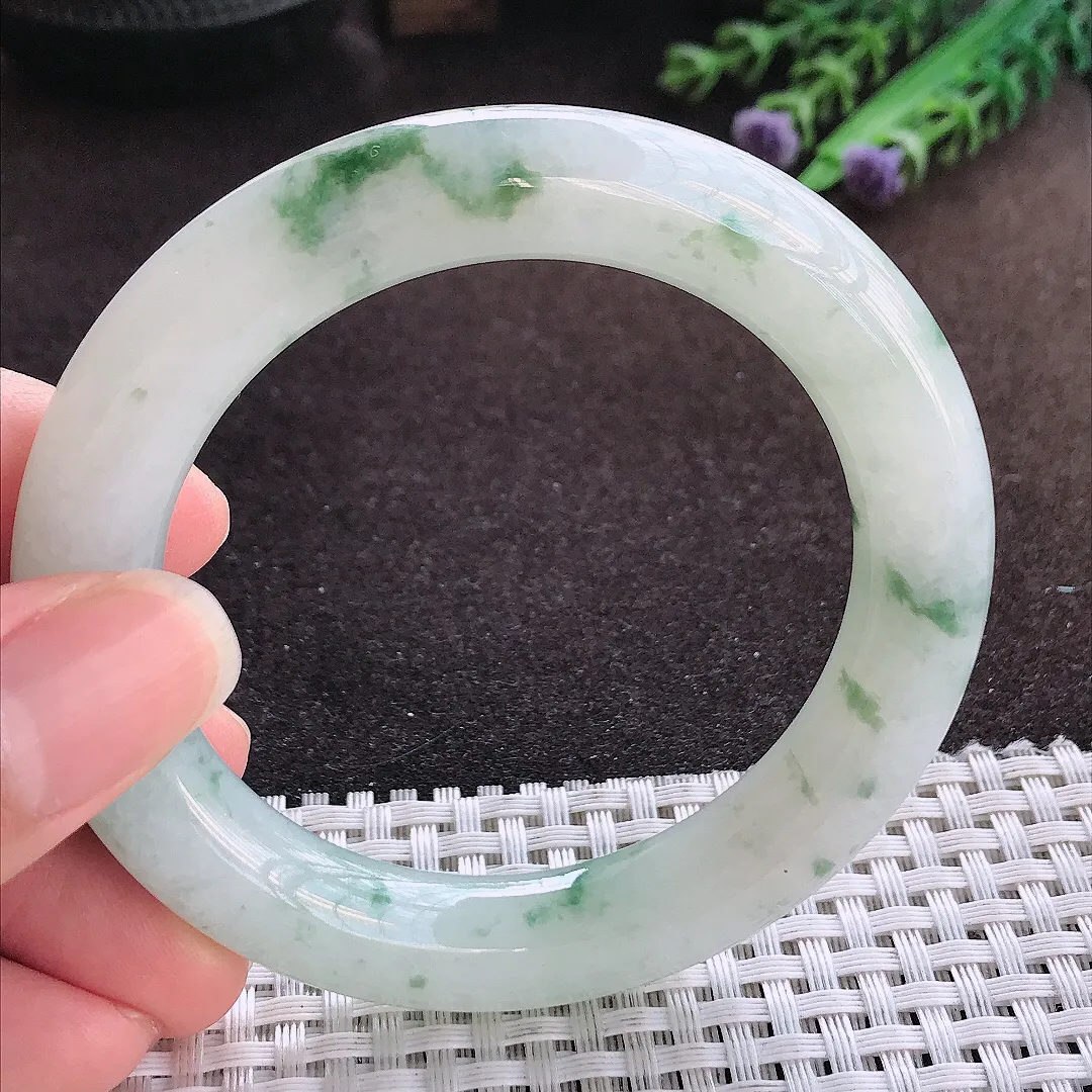 天然a货翡翠54/10.6老坑冰润起胶飘花胖圆条手镯玉手镯