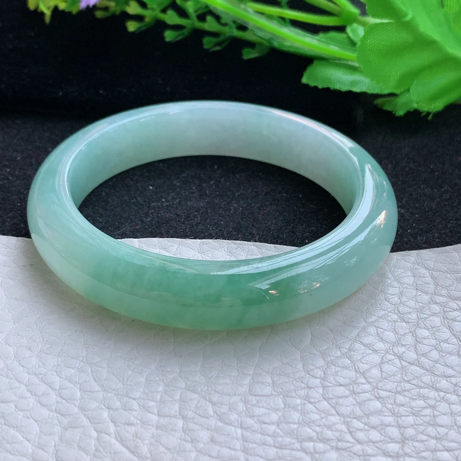 yh自然光54*12.3*9招财镯 缅甸翡翠a货玉手镯半山水秀气宽边玉手环 美人镯