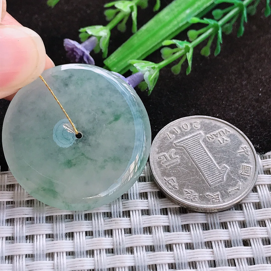 天然a货翡翠32.3/4.7老坑冰透冰飘花平安扣吊坠翡翠玉挂件