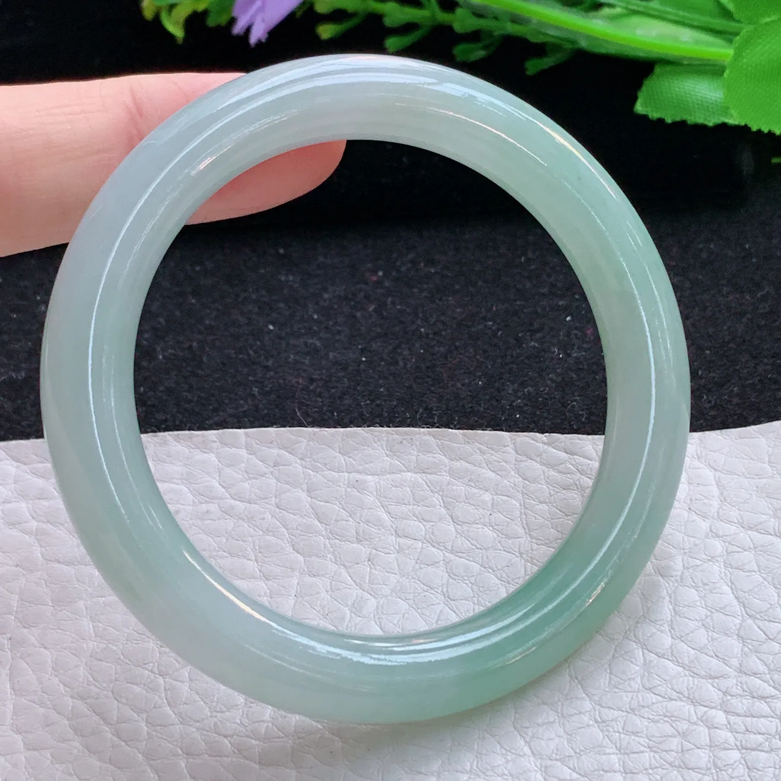 faa小圈口52.8*8.5叮当镯 缅甸翡翠a货玉手镯飘绿清新圆条玉手环 美人镯