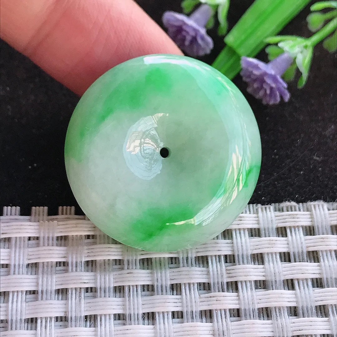 天然a货翡翠29/7.2老坑18k金镶嵌精美飘阳绿平安扣吊坠翡翠玉挂件