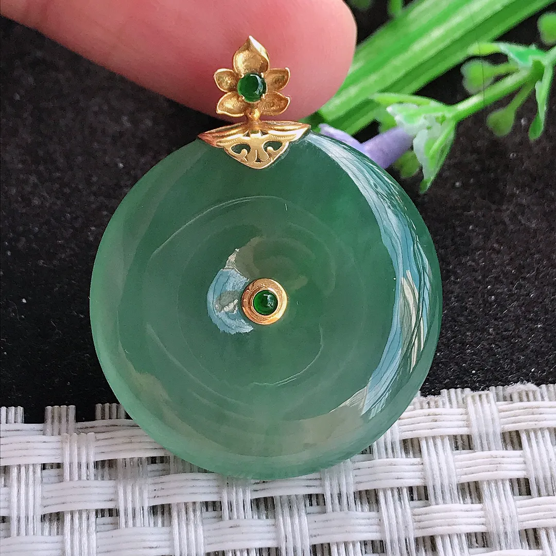 天然a货翡翠27.9/5.4老坑18k金镶嵌冰胶果冻冰晴满绿平安扣吊坠翡翠玉挂件