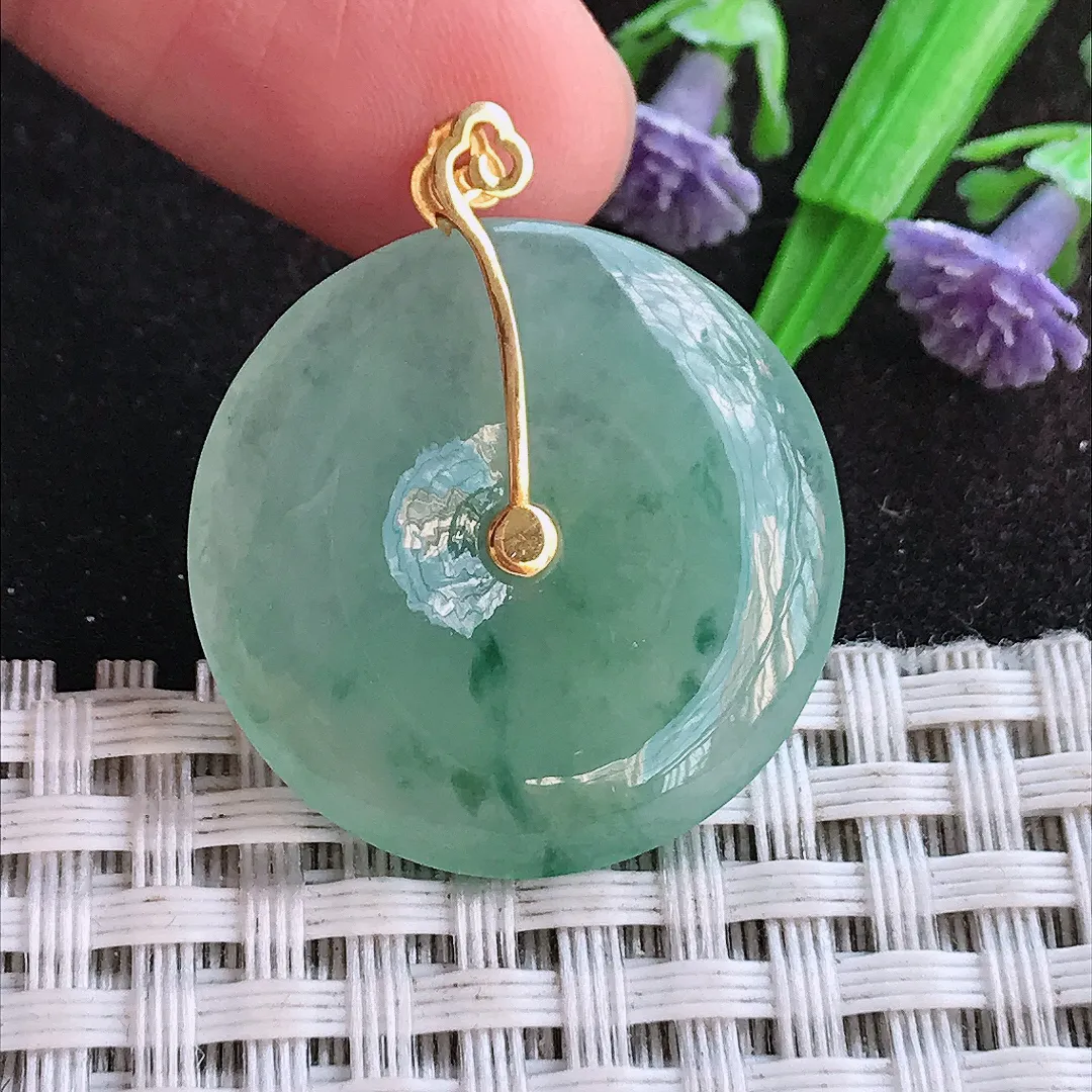 天然a货翡翠26/4.3老坑18k金镶嵌冰胶飘花平安扣吊坠翡翠玉挂件