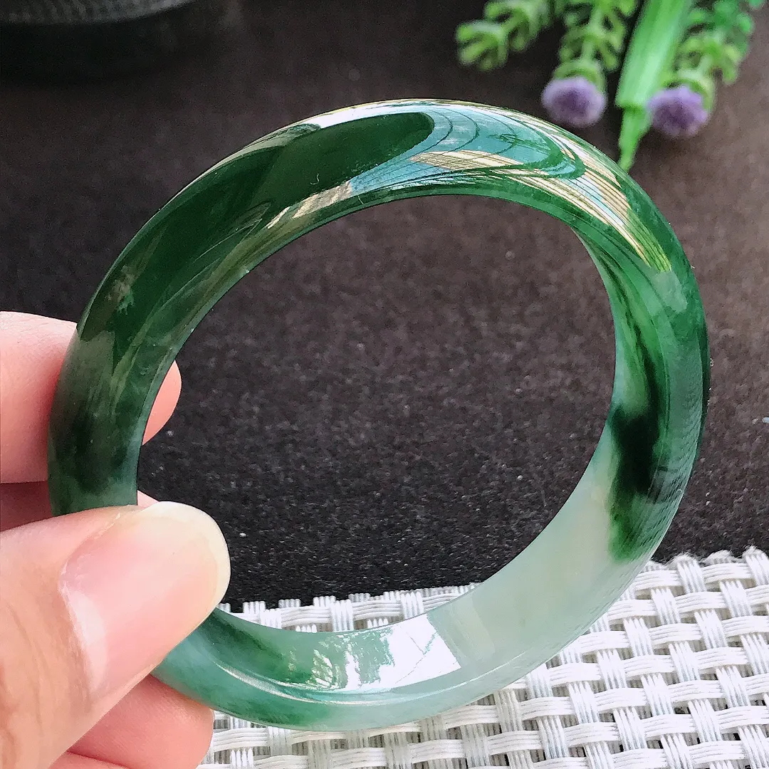 天然a货翡翠53.5/13/7.3老坑冰胶果冻飘花手镯宽边玉手镯