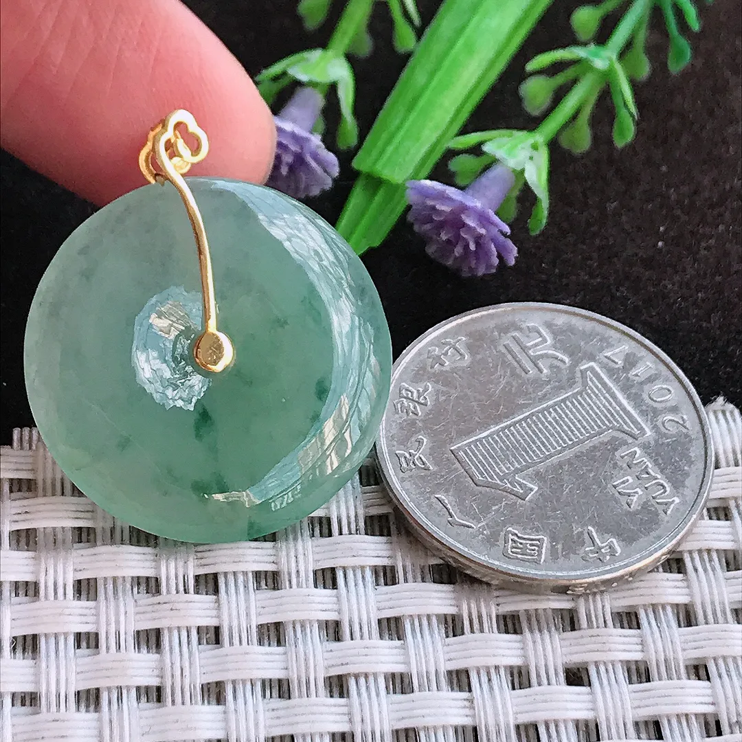 天然a货翡翠26/4.3老坑18k金镶嵌冰胶飘花平安扣吊坠翡翠玉挂件