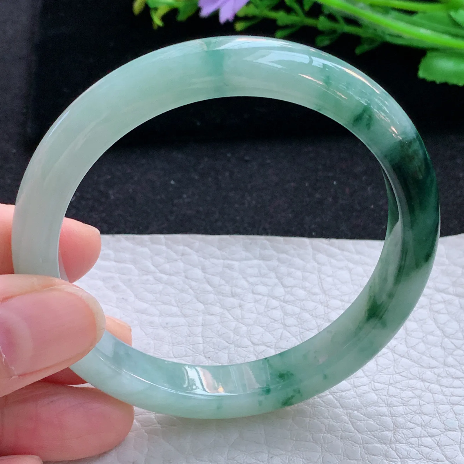 hy自然光58*10.3*7.8平安镯 缅甸翡翠a货玉手镯冰飘花秀气宽边玉手环