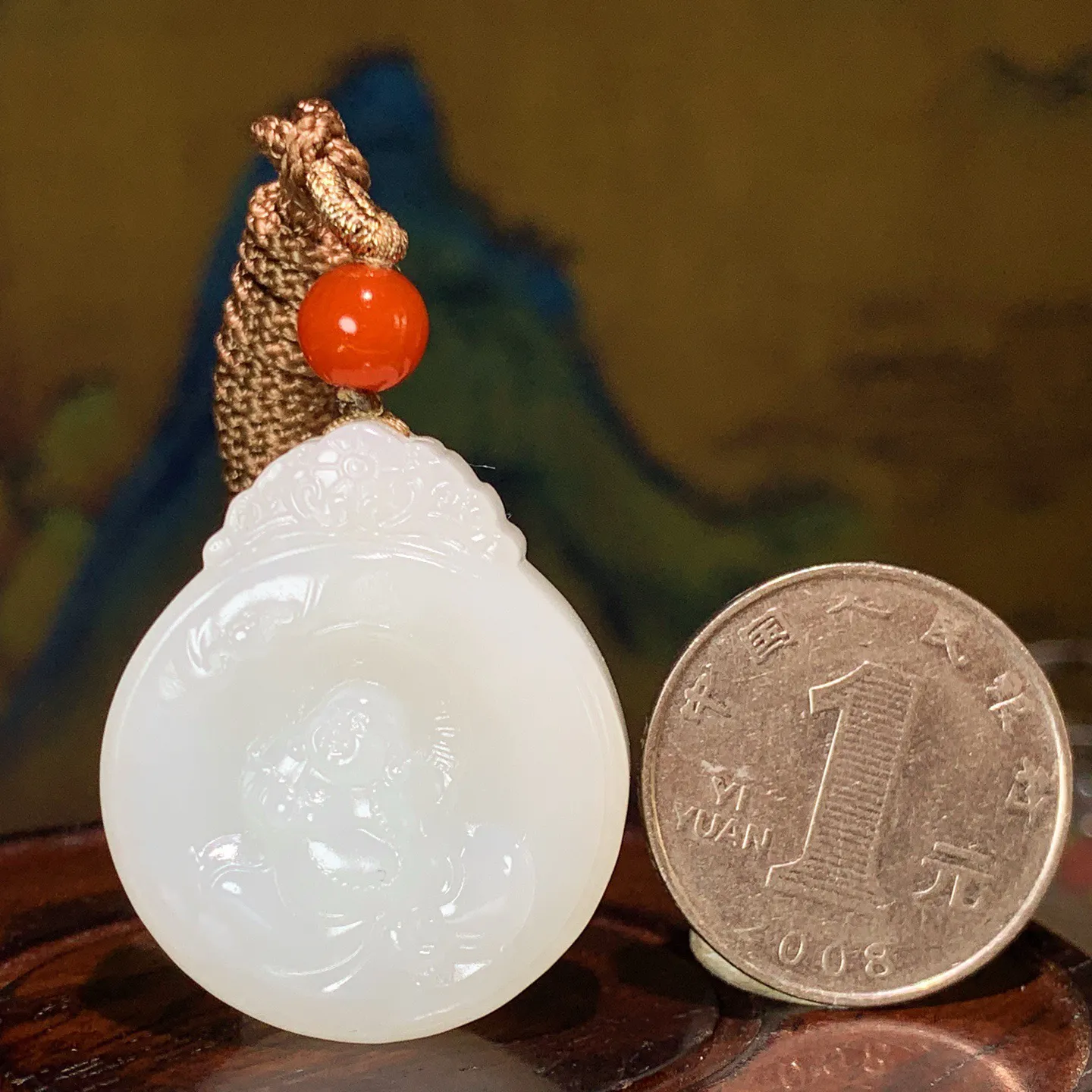 和田玉白玉佛引福来挂件。尺寸33/28/11.5重20克。玉质细腻油润。手推出油。品相大气。lt251125