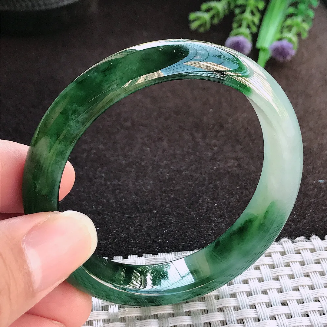 天然a货翡翠53.5/13/7.3老坑冰胶果冻飘花手镯宽边玉手镯
