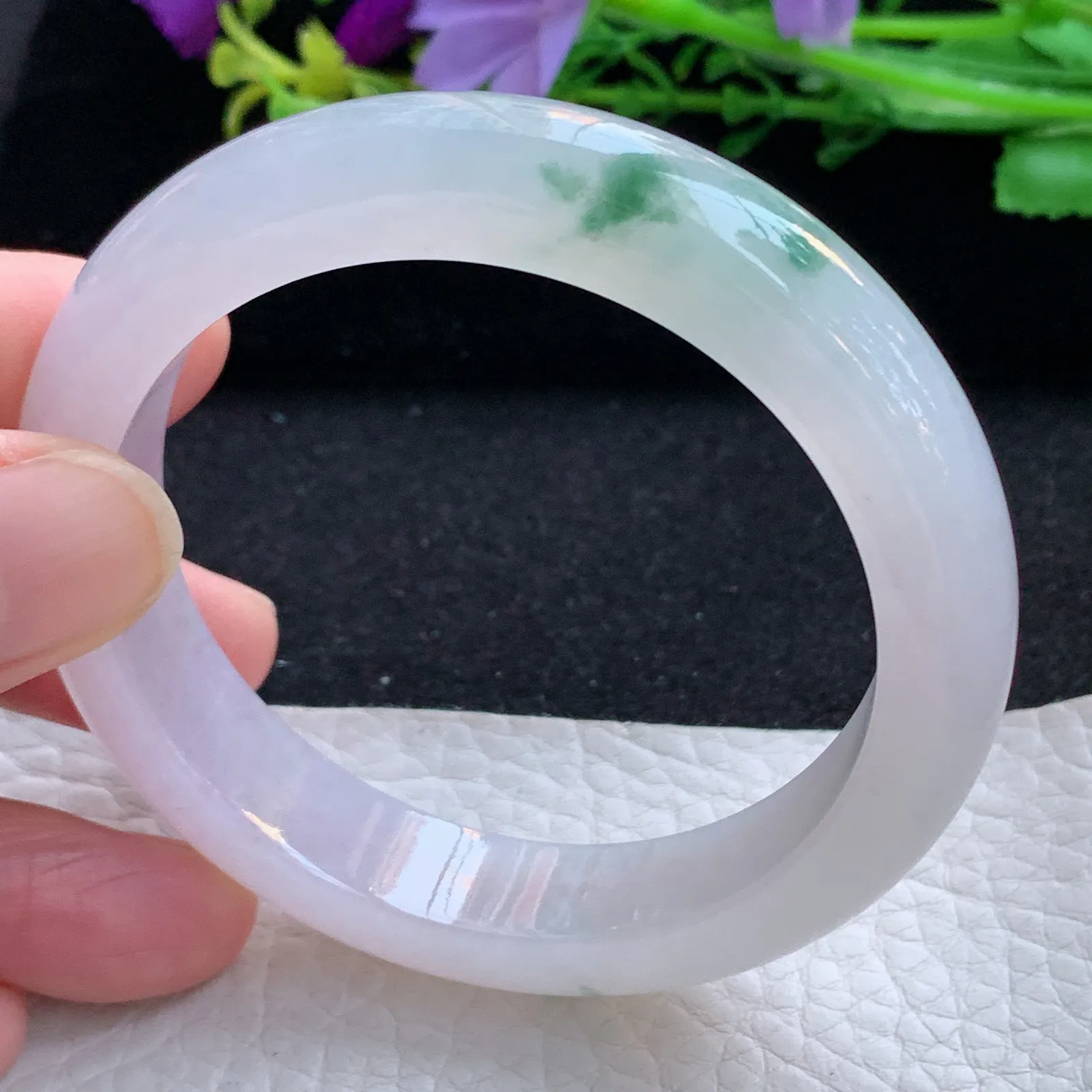 ay自然光53.6*12*8.5平安镯 缅甸翡翠a货玉手镯冰荧飘花宽边玉手环