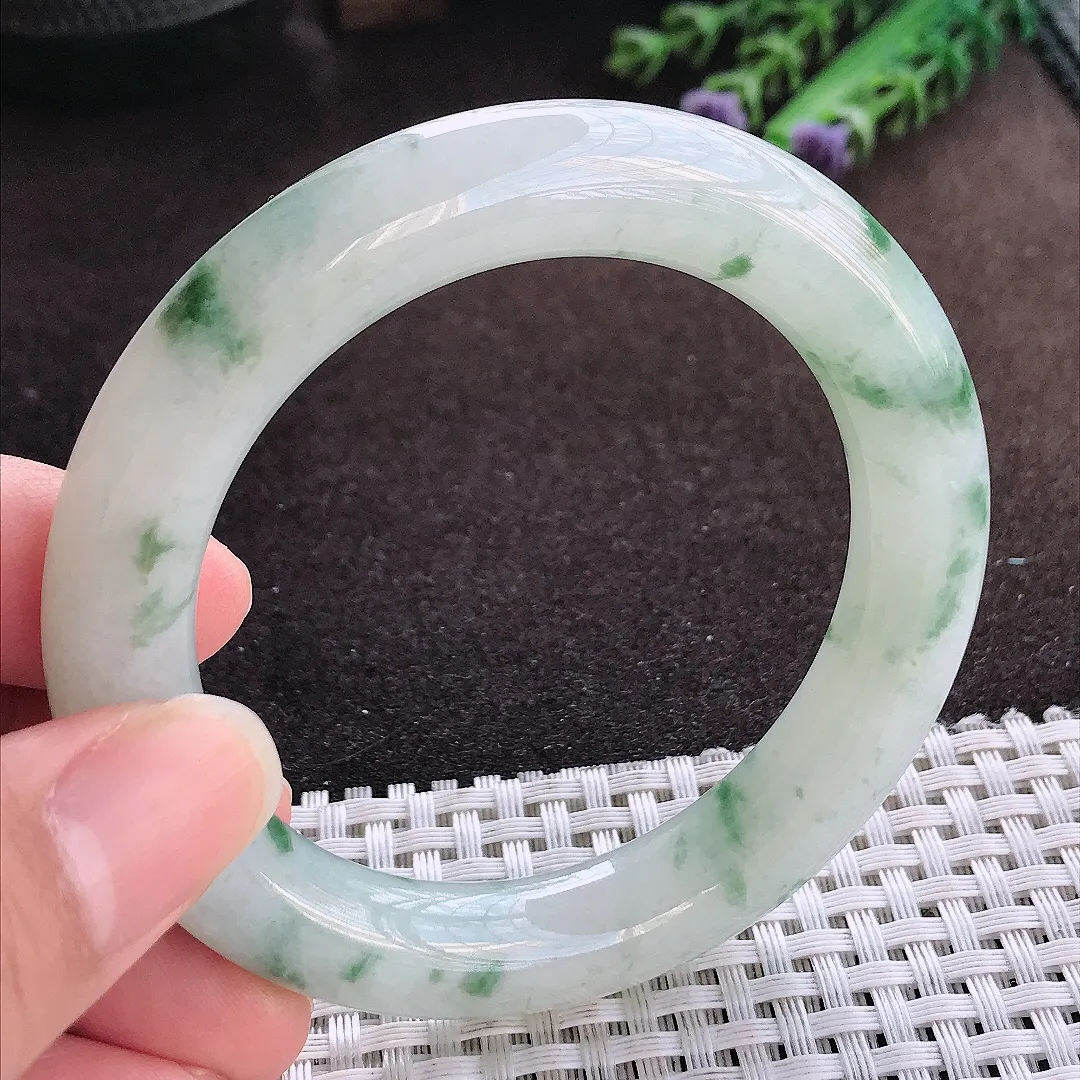 天然a货翡翠54/10.6老坑冰润起胶飘花胖圆条手镯玉手镯