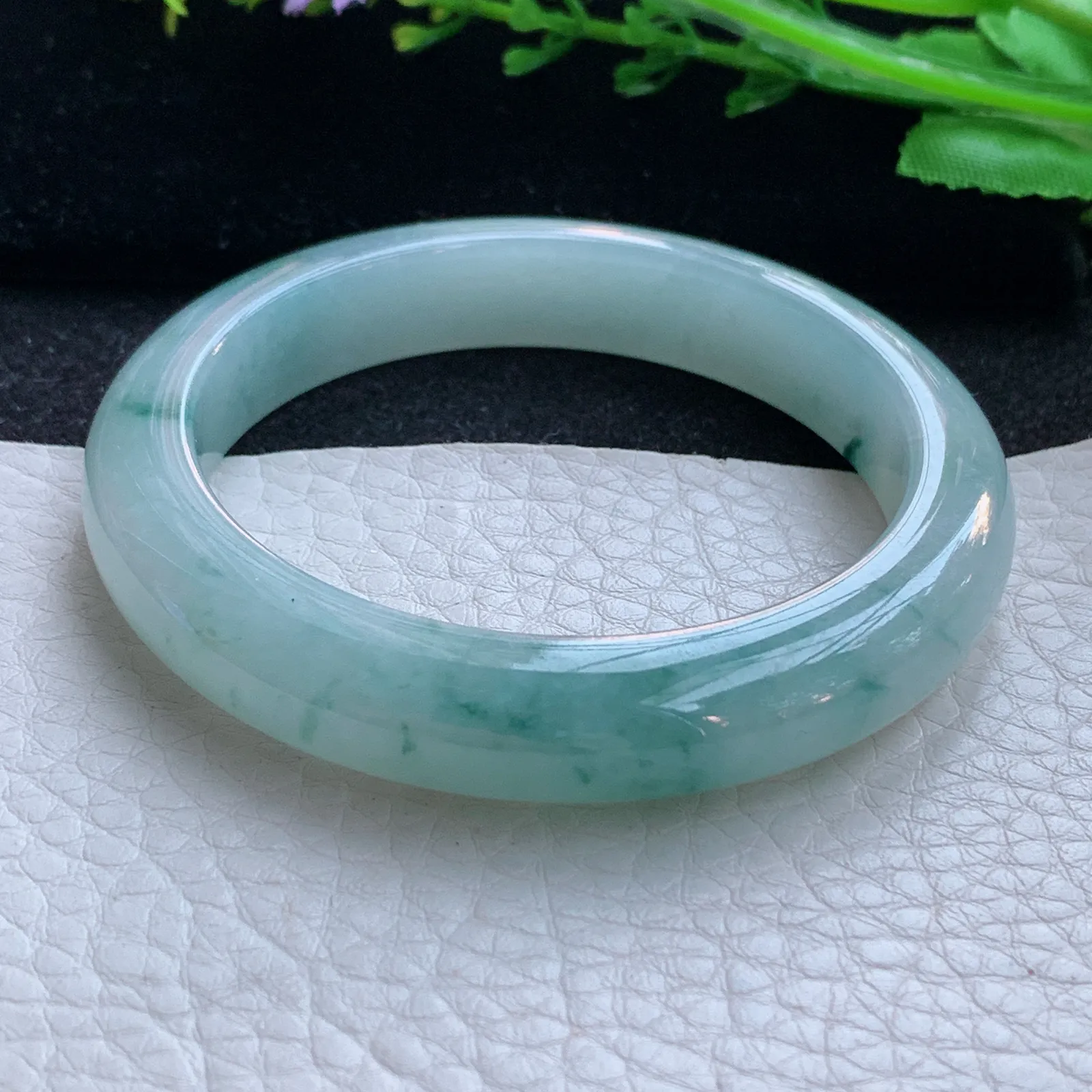 js小圈口52*10.8*8.2平安镯 缅甸翡翠a货玉手镯冰飘花宽边玉手环