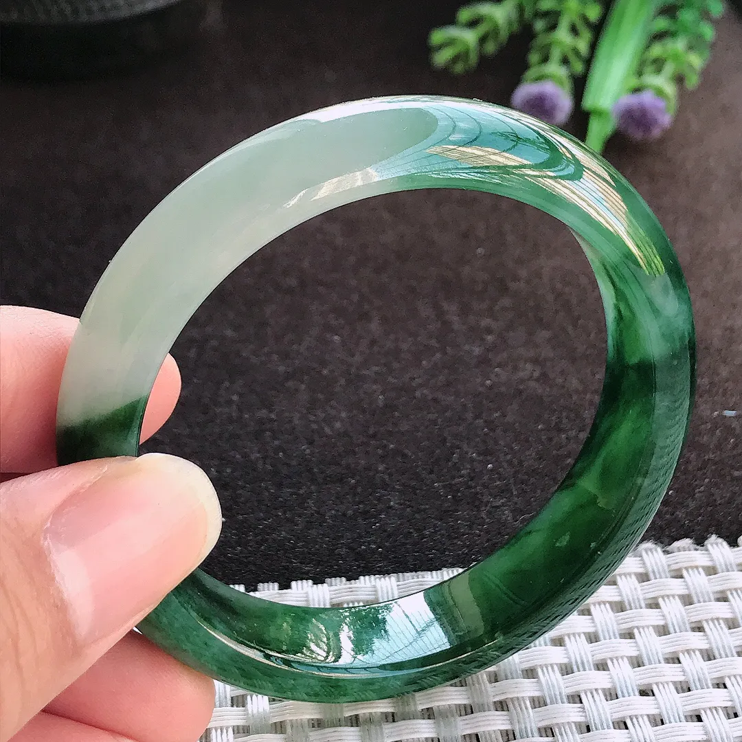 天然a货翡翠53.5/13/7.3老坑冰胶果冻飘花手镯宽边玉手镯