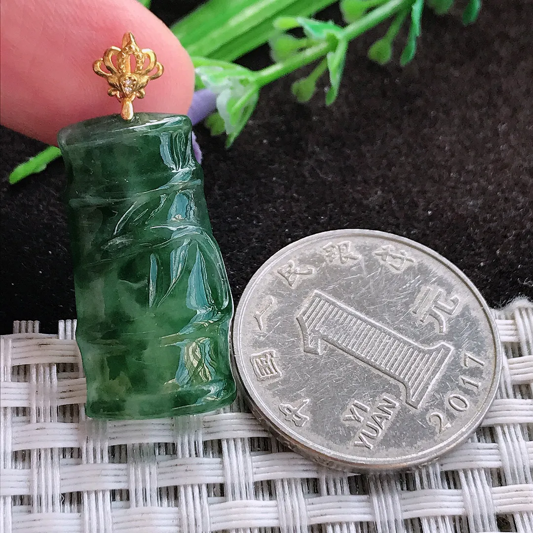 天然a货翡翠26.6/13.8/5.4老坑18k金镶嵌冰胶飘花竹节吊坠翡翠玉挂件