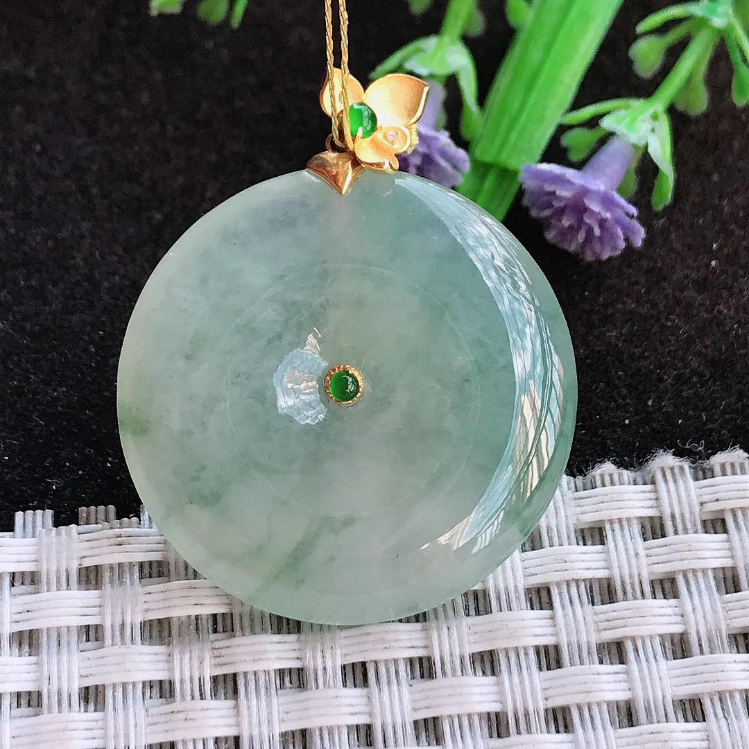 天然a货翡翠32.3/4.7老坑18k金镶嵌冰胶冰晴平安扣吊坠翡翠玉挂件