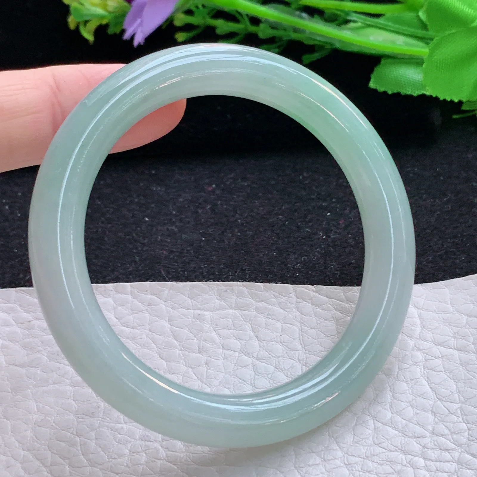 faa小圈口52.8*8.5叮当镯 缅甸翡翠a货玉手镯飘绿清新圆条玉手环 美人镯