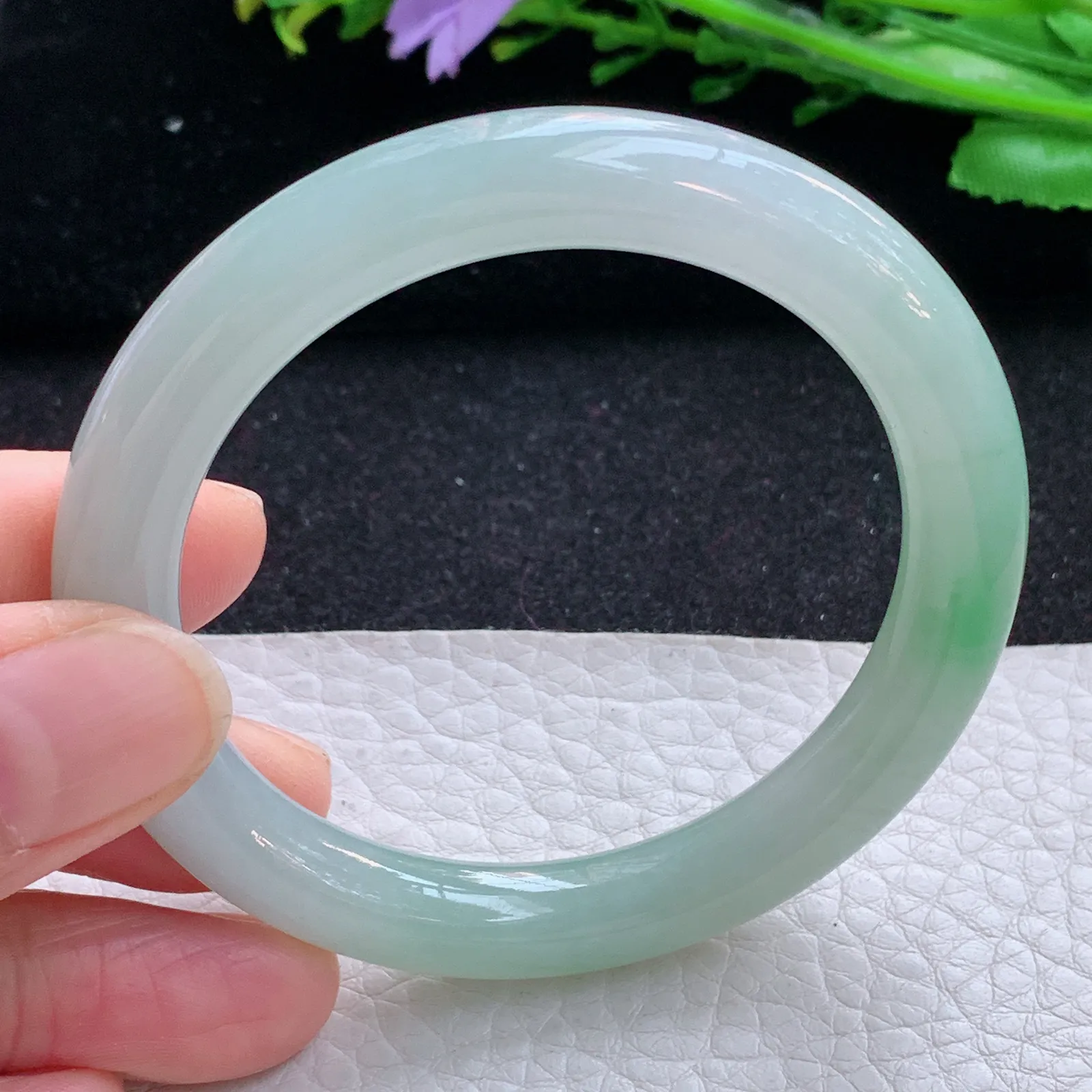 faa小圈口52.8*8.5叮当镯 缅甸翡翠a货玉手镯飘绿清新圆条玉手环 美人镯