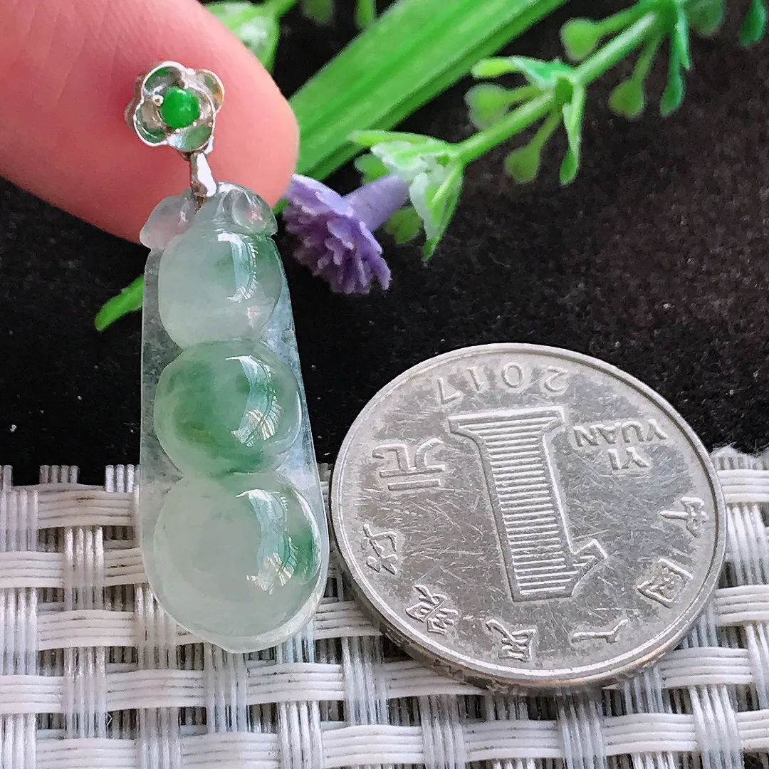 天然a货翡翠28.2/11/6.5老坑18k金镶嵌冰胶飘花四季豆吊坠翡翠玉挂件