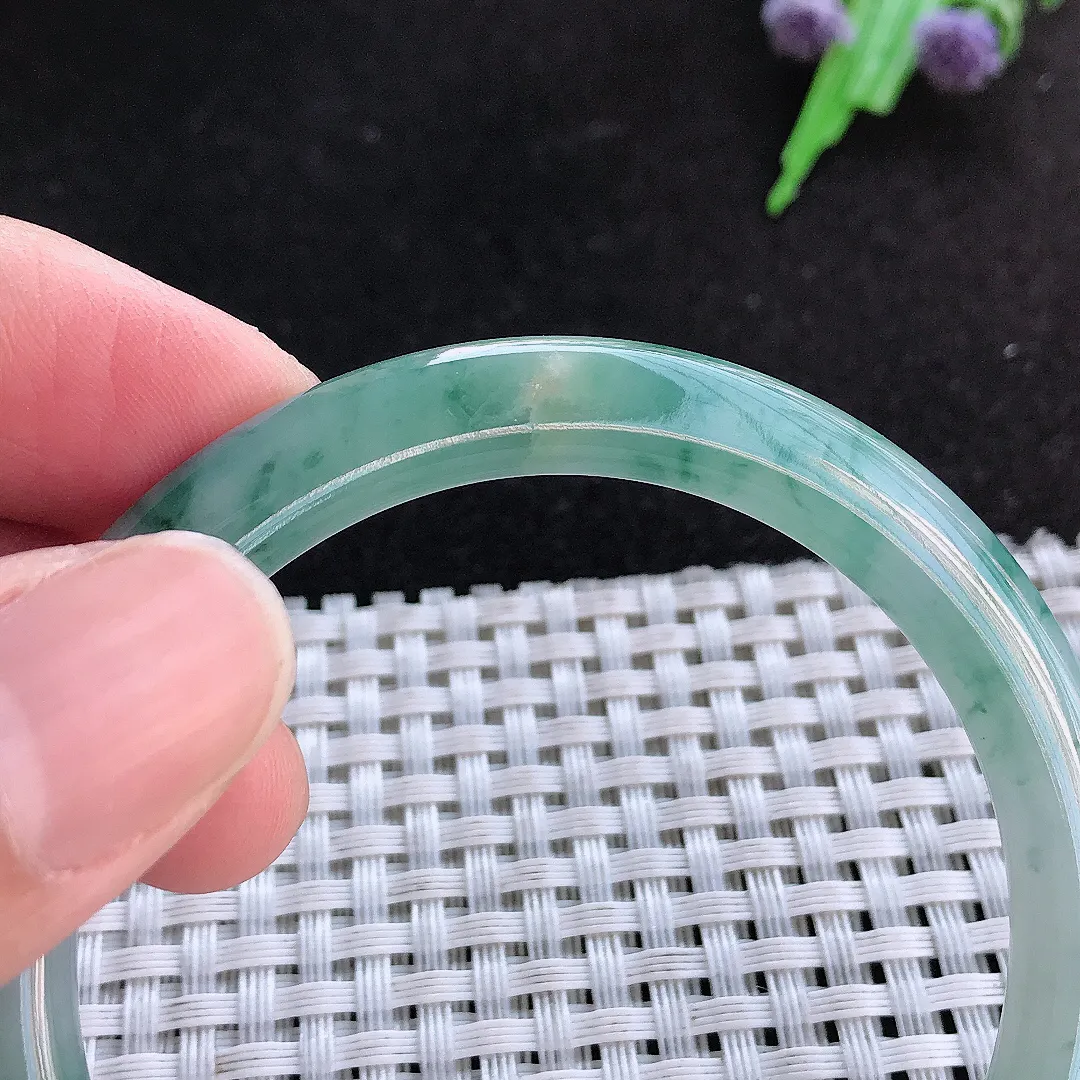 天然a货翡翠54.5/7.4/8老坑冰润起胶飘花圆条手镯玉手镯