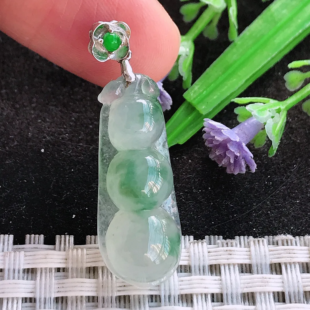 天然a货翡翠28.2/11/6.5老坑18k金镶嵌冰胶飘花四季豆吊坠翡翠玉挂件