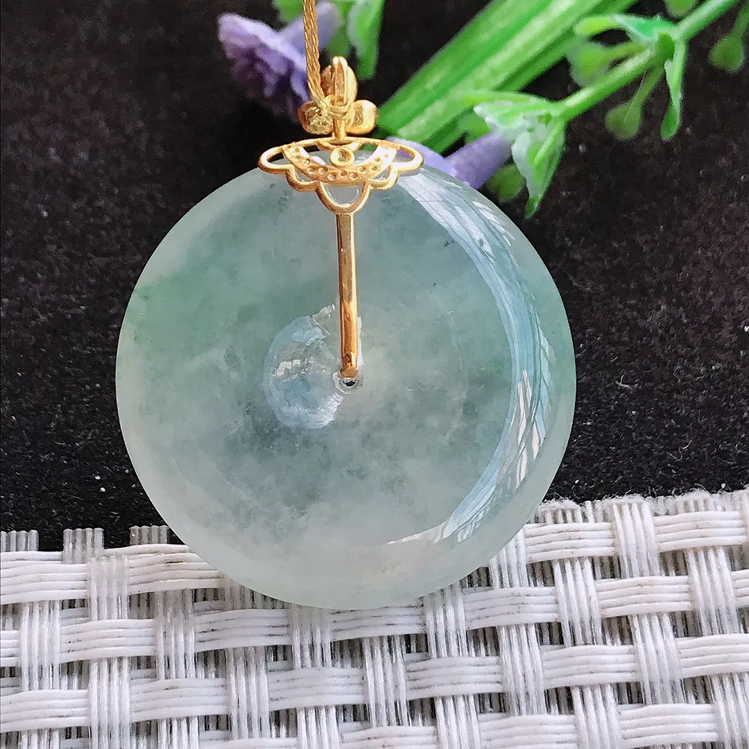 天然a货翡翠28.2/5.8老坑18k金镶嵌冰种平安扣吊坠翡翠玉扣挂件