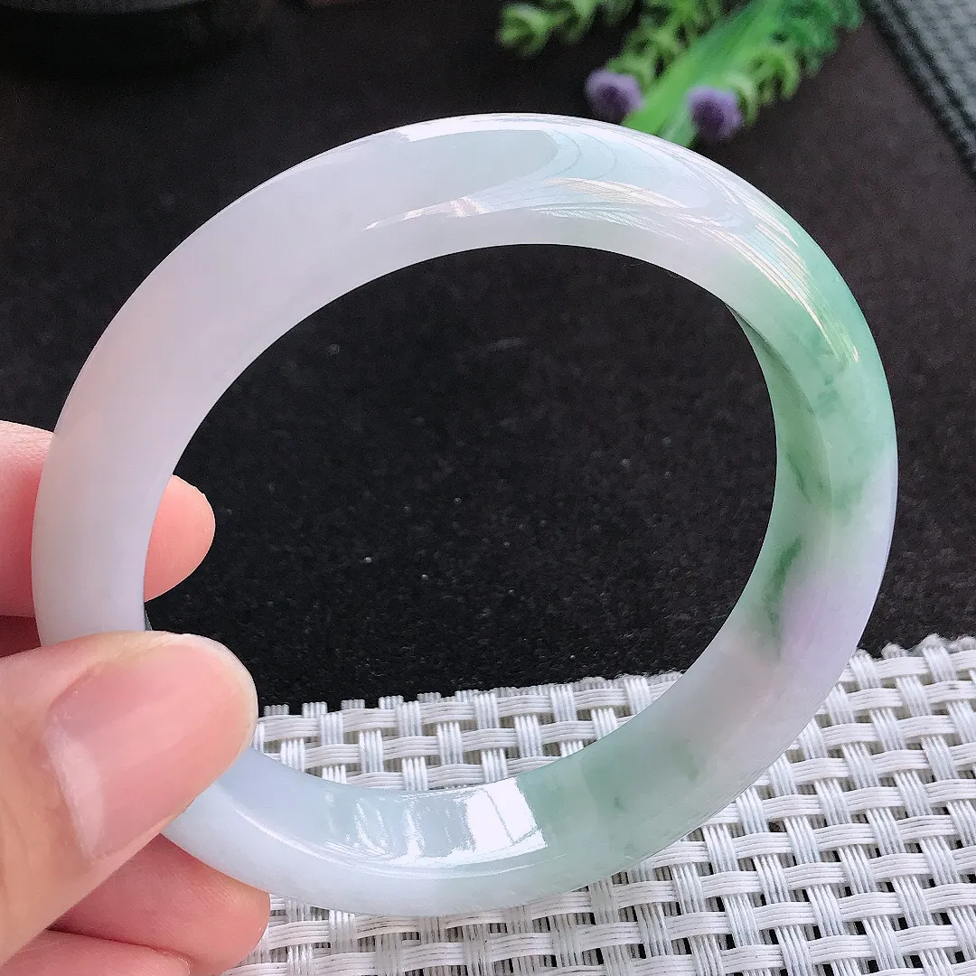 天然a货翡翠58.5/13.1/8.7老坑冰胶春带彩飘花手镯宽边玉手镯