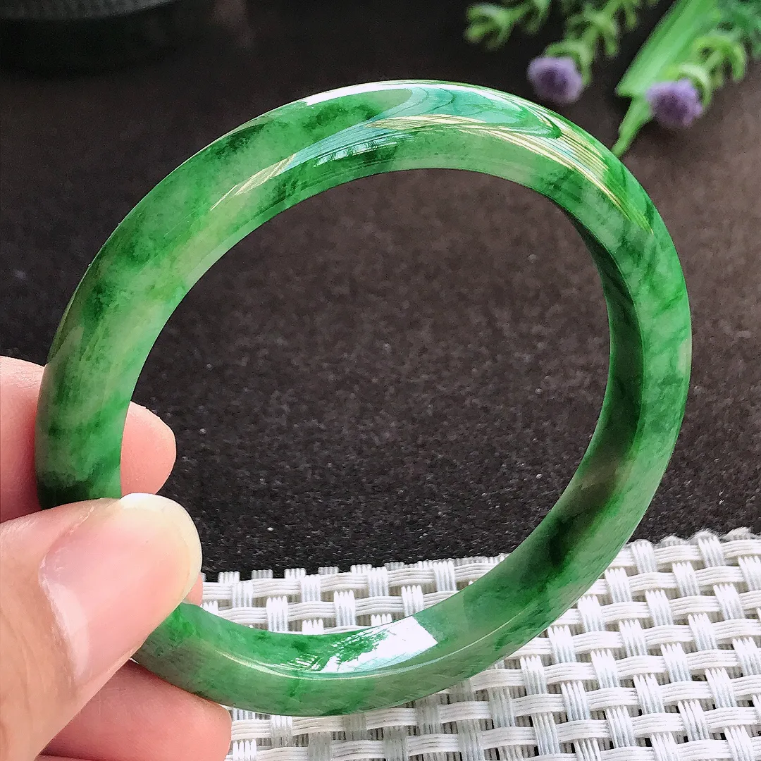 天然a货翡翠56/8.8/7.6老坑精美辣阳绿满绿手镯宽边玉手镯