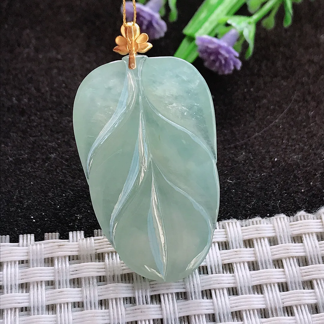 天然a货翡翠36.6/22.4/5.2老坑18k金镶嵌冰胶果冻冰晴叶子吊坠翡翠玉挂件