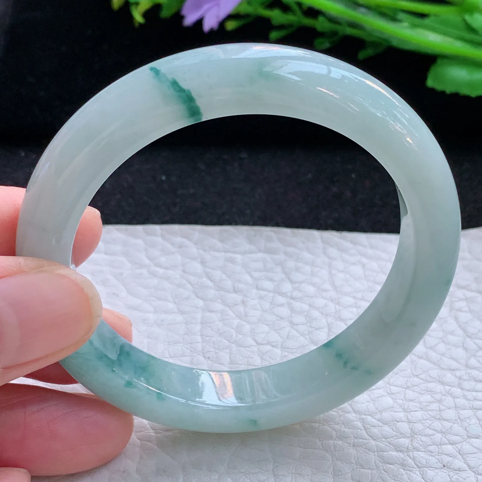 js小圈口52*10.8*8.2平安镯 缅甸翡翠a货玉手镯冰飘花宽边玉手环