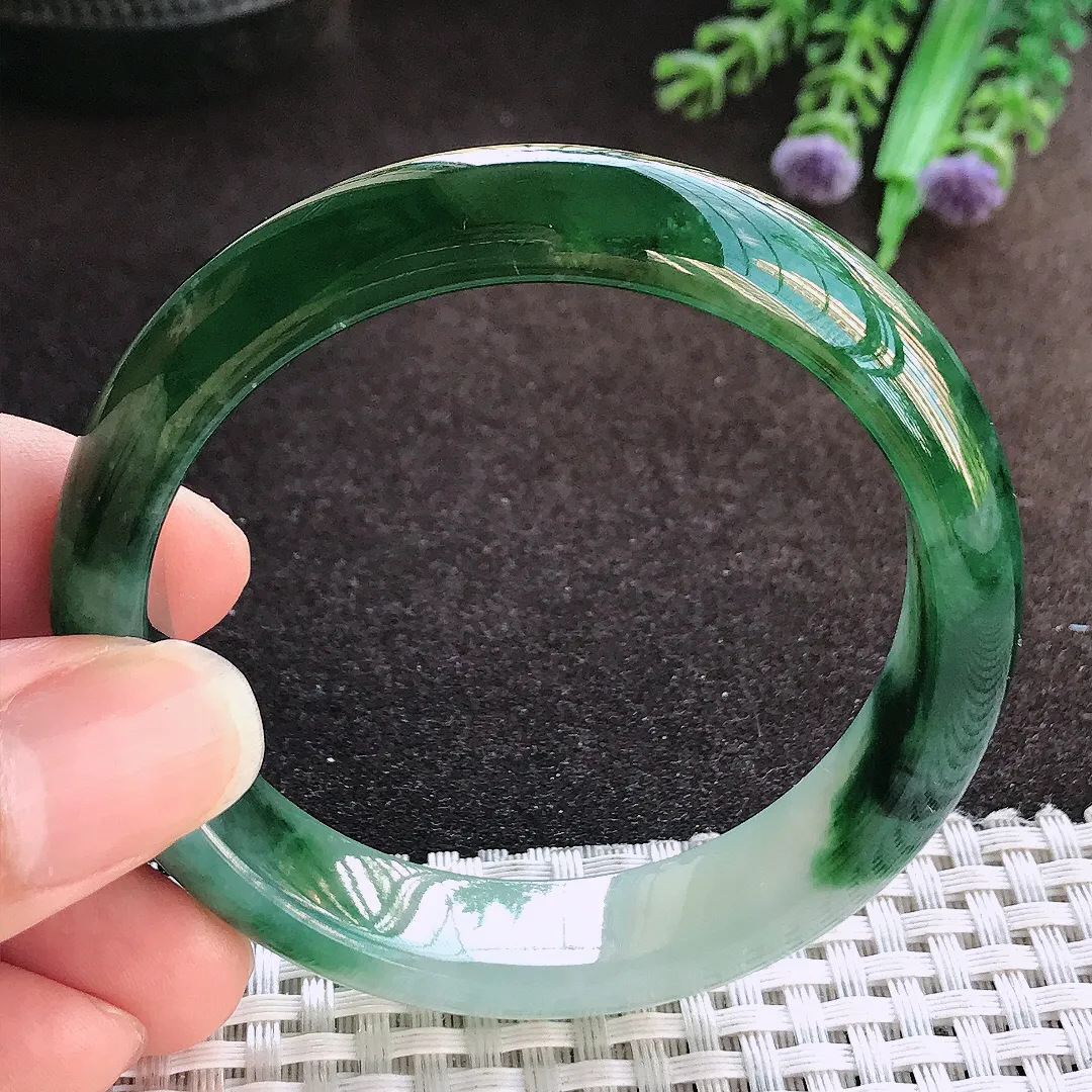 天然a货翡翠53.5/13/7.3老坑冰胶果冻飘花手镯宽边玉手镯