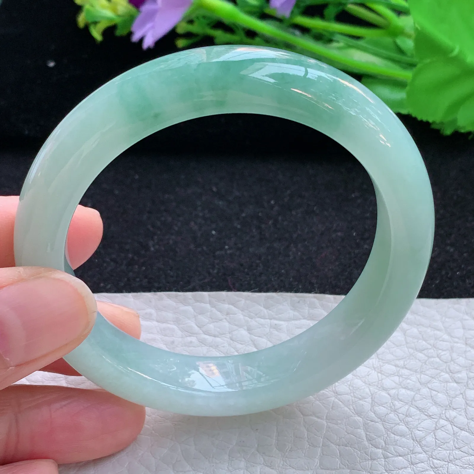 ss自然光54*12.3*9招财镯 缅甸翡翠a货玉手镯半山水秀气宽边玉手环 美人镯