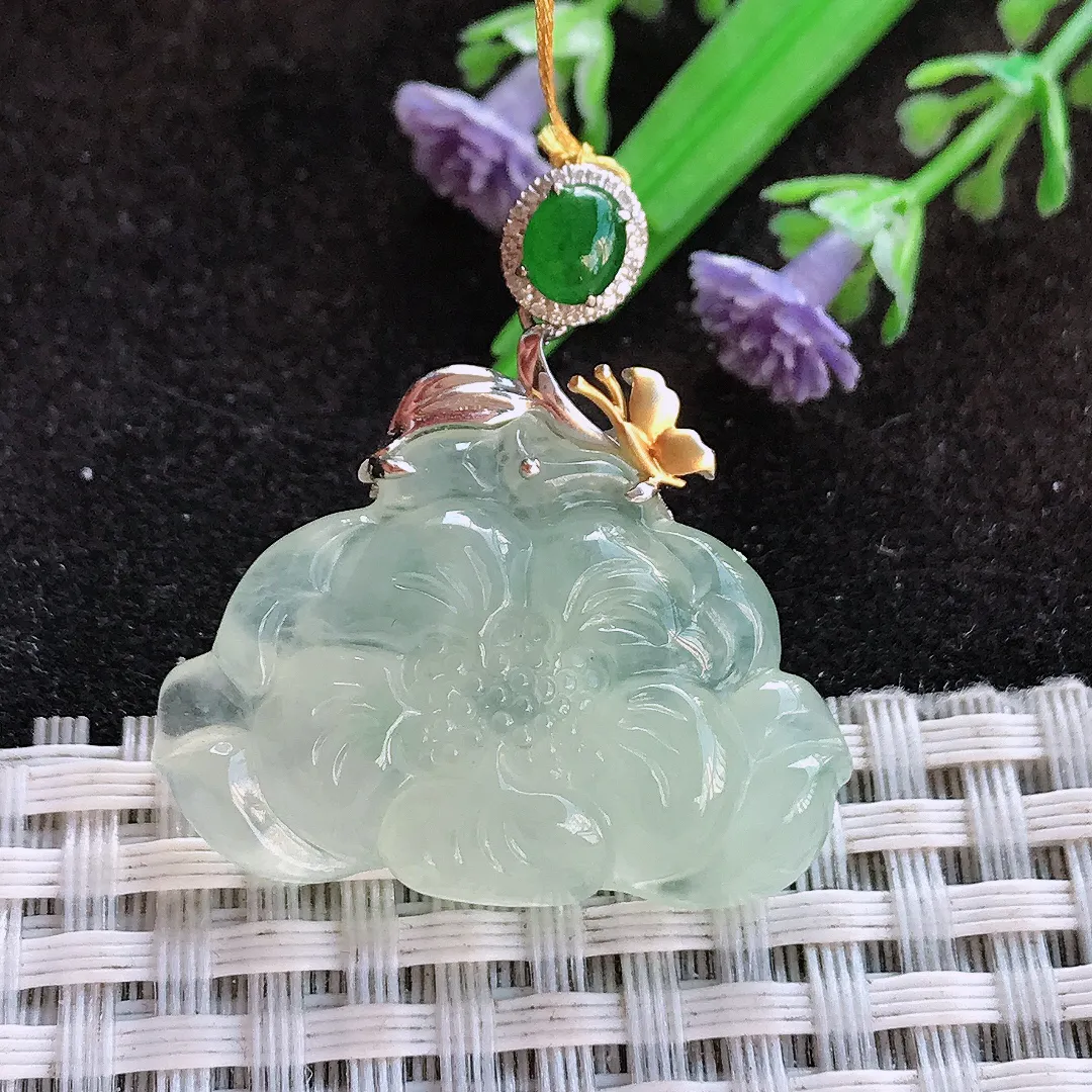 天然a货翡翠21/31/6.1老坑18k金镶嵌冰晴绿莲花吊坠翡翠玉挂件