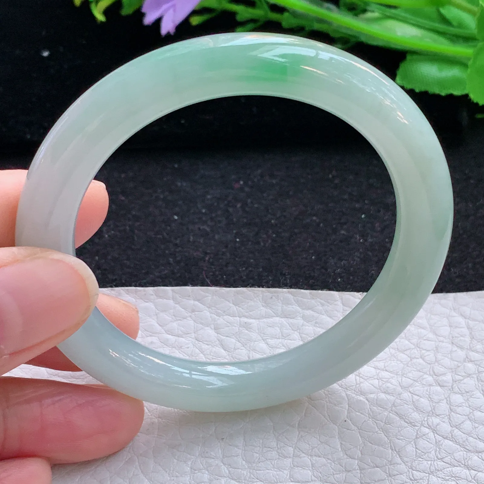 faa小圈口52.8*8.5叮当镯 缅甸翡翠a货玉手镯飘绿清新圆条玉手环 美人镯