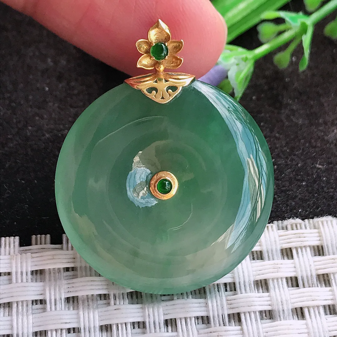 天然a货翡翠27.9/5.4老坑18k金镶嵌冰胶果冻冰晴满绿平安扣吊坠翡翠玉挂件