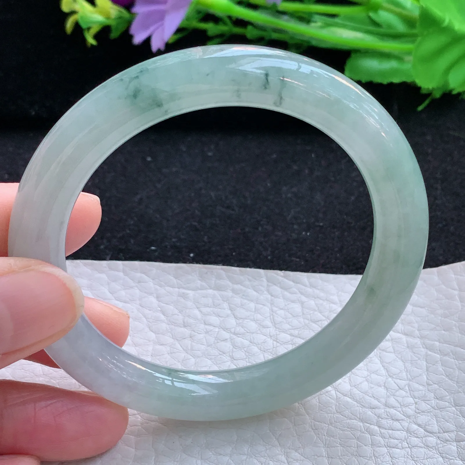 xx自然光55*9.5美人镯 缅甸翡翠a货玉手镯冰飘花圆条玉手环