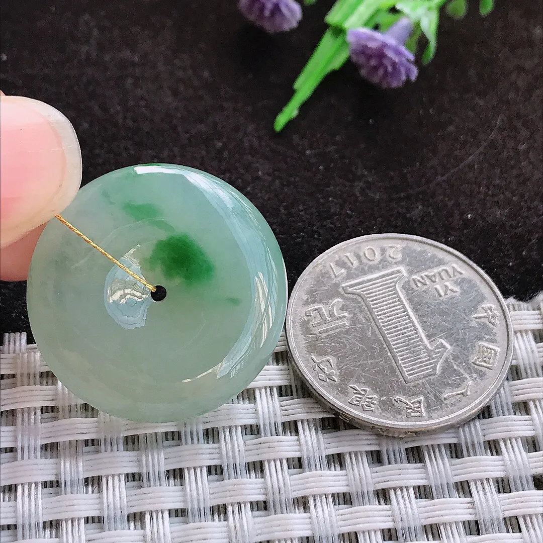 天然a货翡翠26.5/6.3老坑冰润起胶飘绿平安扣吊坠翡翠玉挂件