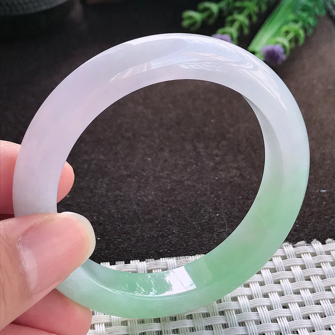 天然a货翡翠54/12/8.8老坑冰胶春带彩手镯宽边玉手镯