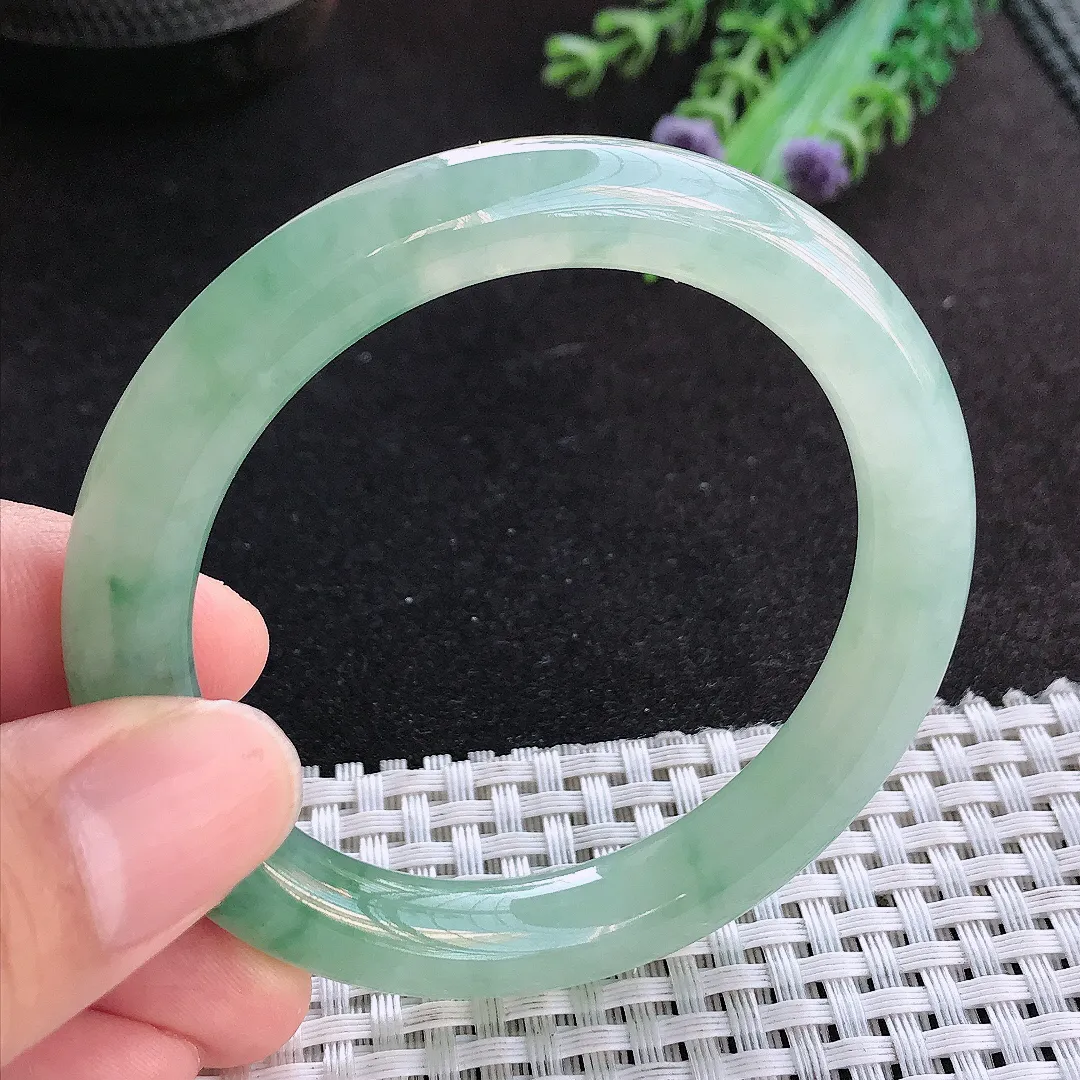 天然a货翡翠52.5/9.3/9.2老坑冰胶果冻冰晴绿圆条手镯小圈口玉手镯