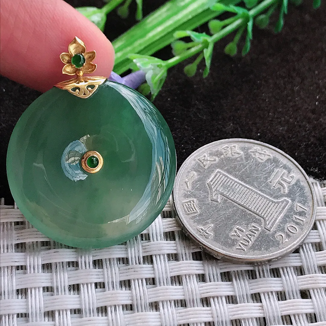 天然a货翡翠27.9/5.4老坑18k金镶嵌冰胶果冻冰晴满绿平安扣吊坠翡翠玉挂件