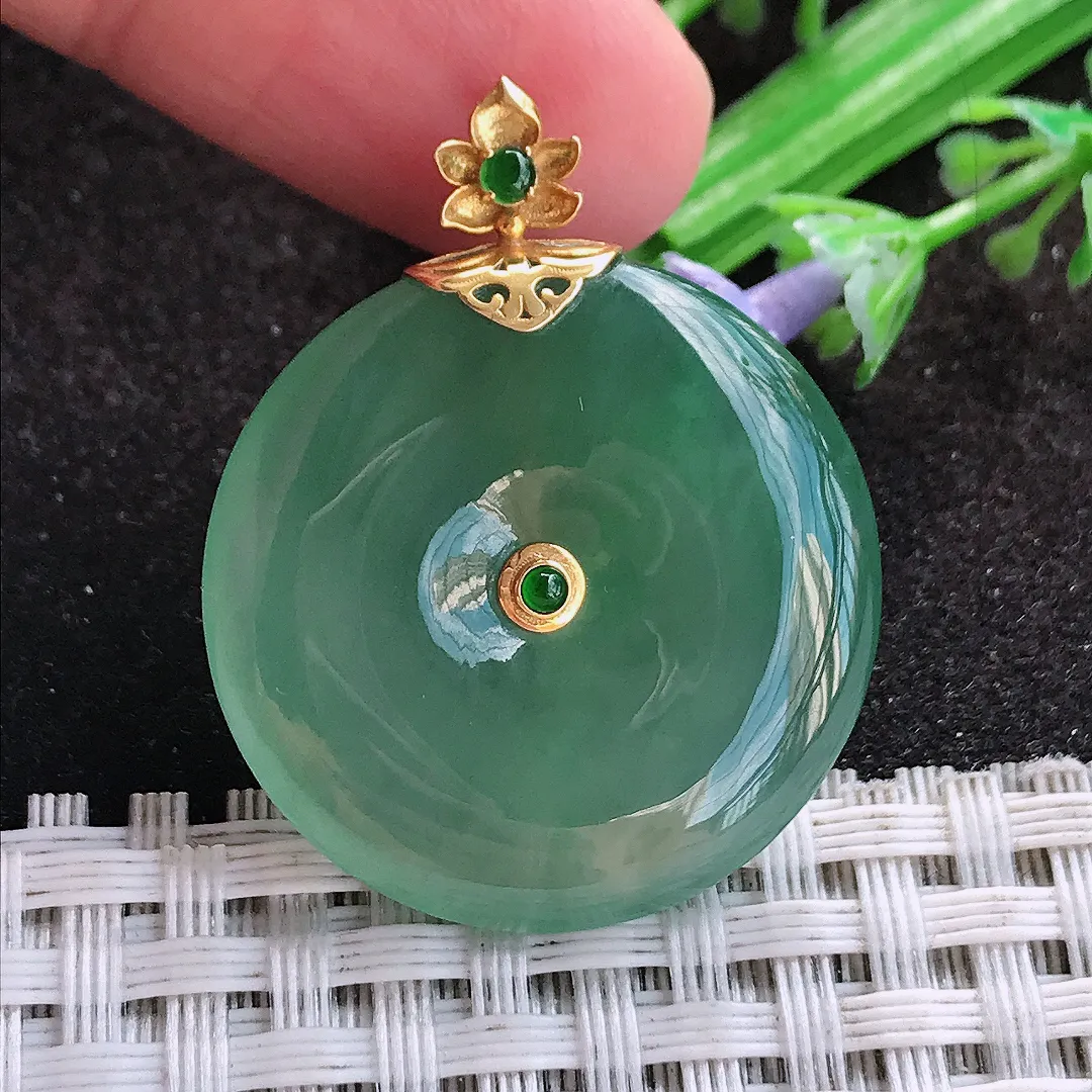 天然a货翡翠27.9/5.4老坑18k金镶嵌冰胶果冻冰晴满绿平安扣吊坠翡翠玉挂件