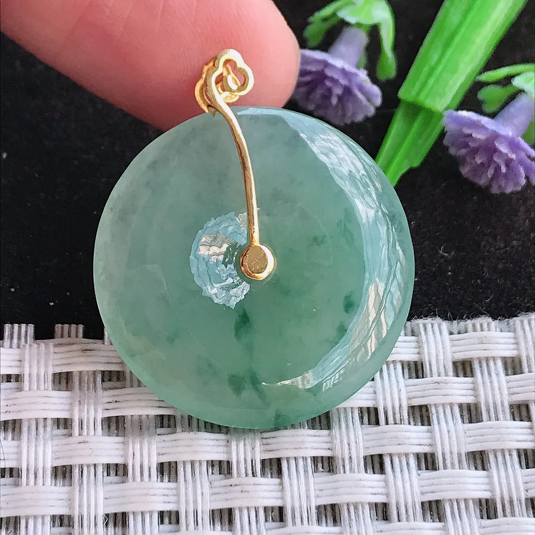 天然a货翡翠26/4.3老坑18k金镶嵌冰胶飘花平安扣吊坠翡翠玉挂件