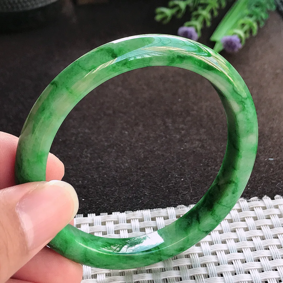 天然a货翡翠56/8.8/7.6老坑精美辣阳绿满绿手镯宽边玉手镯