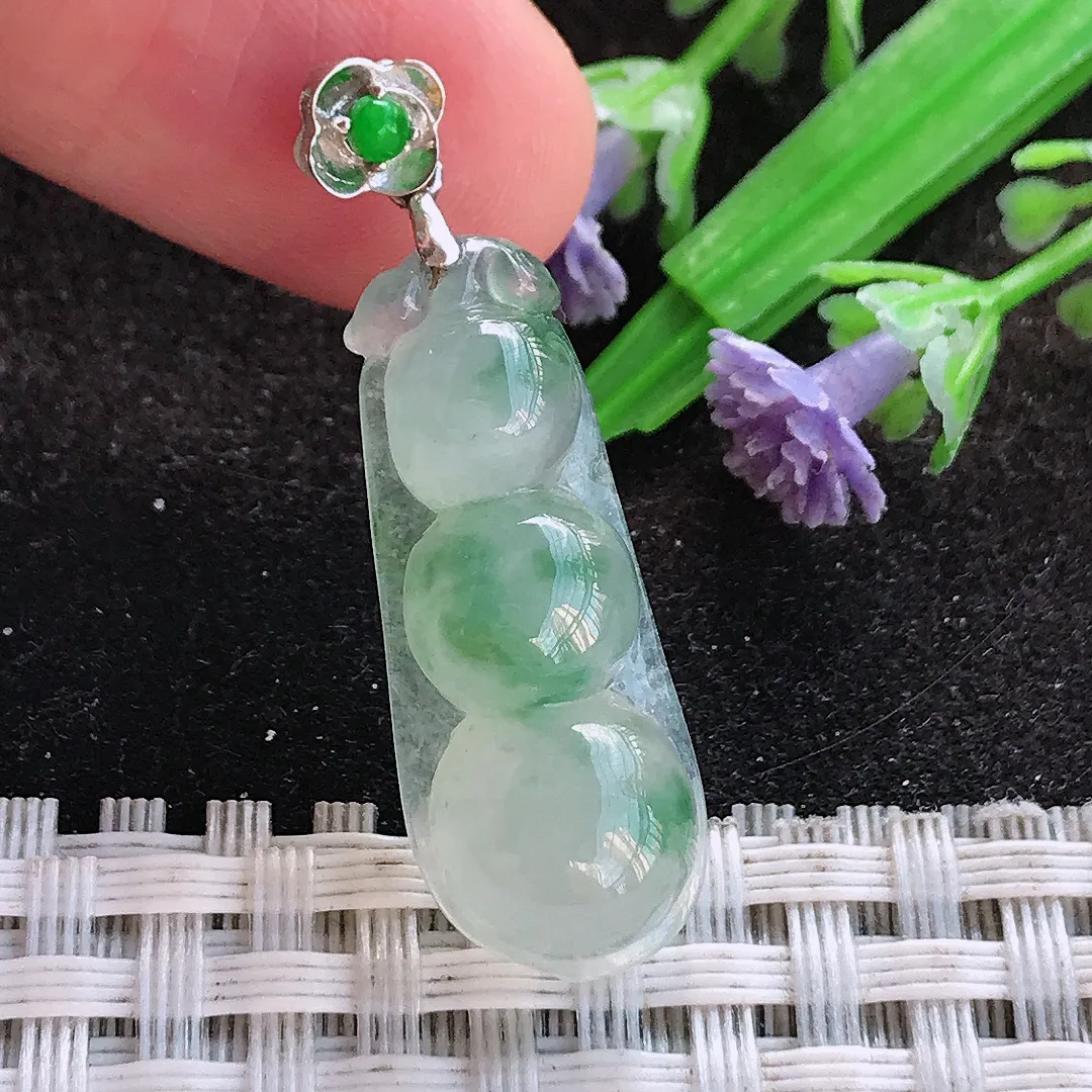 天然a货翡翠28.2/11/6.5老坑18k金镶嵌冰胶飘花四季豆吊坠翡翠玉挂件