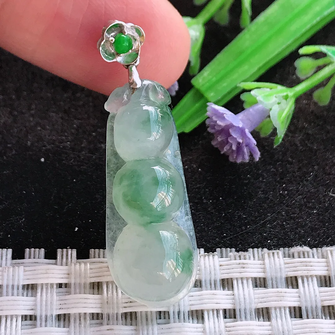 天然a货翡翠28.2/11/6.5老坑18k金镶嵌冰胶飘花四季豆吊坠翡翠玉挂件