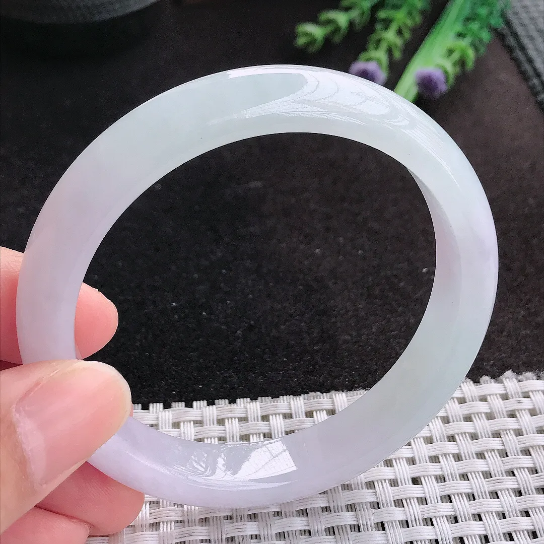 天然A货翡翠59/11.7/8老坑冰纯果冻胶淡雅紫罗兰手镯宽边玉手镯
