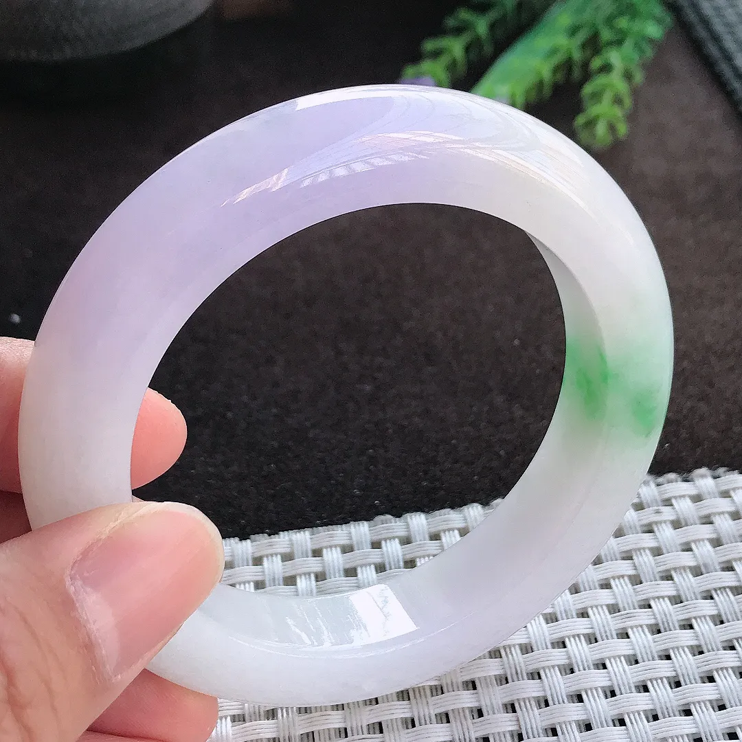 天然A货翡翠55/12.6/10.3老坑冰润起胶春带彩手镯宽边玉手镯