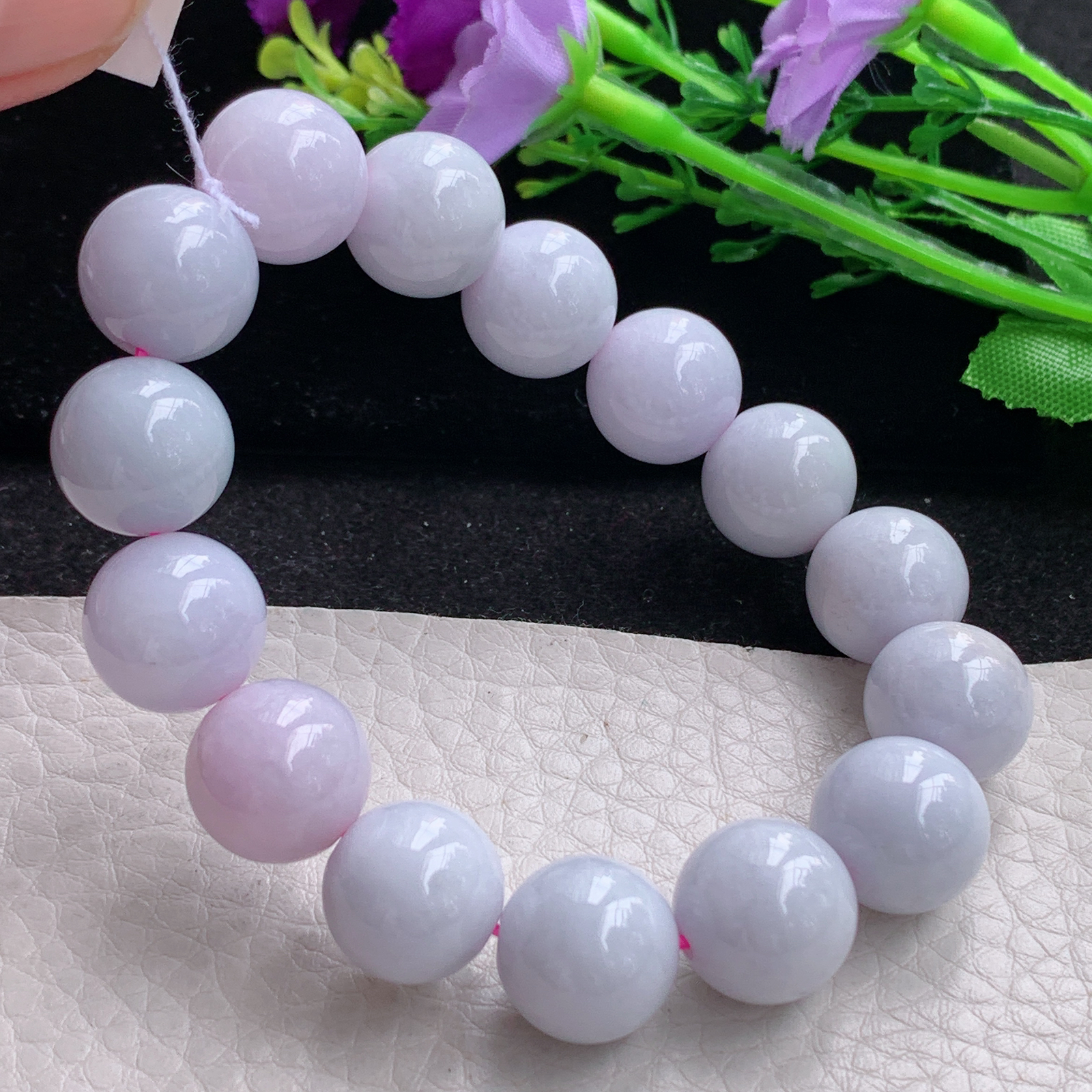 ss自然光13.3mm天然缅甸翡翠a货淡紫水润圆珠玉手链  玉手串