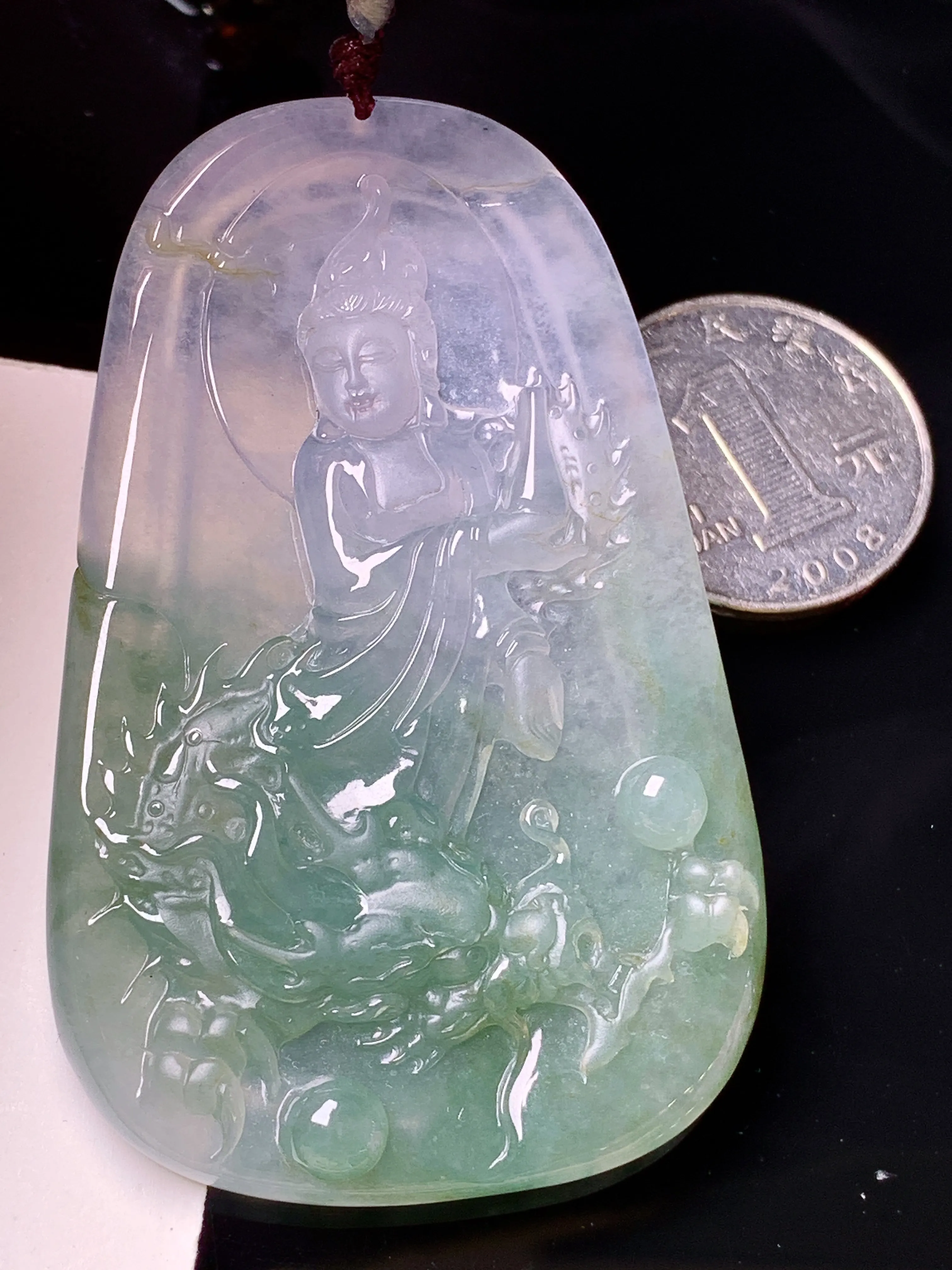 飘绿文殊观音菩萨吊坠 玉质细腻 色泽艳丽清新 整体尺寸67.5*43*6.8