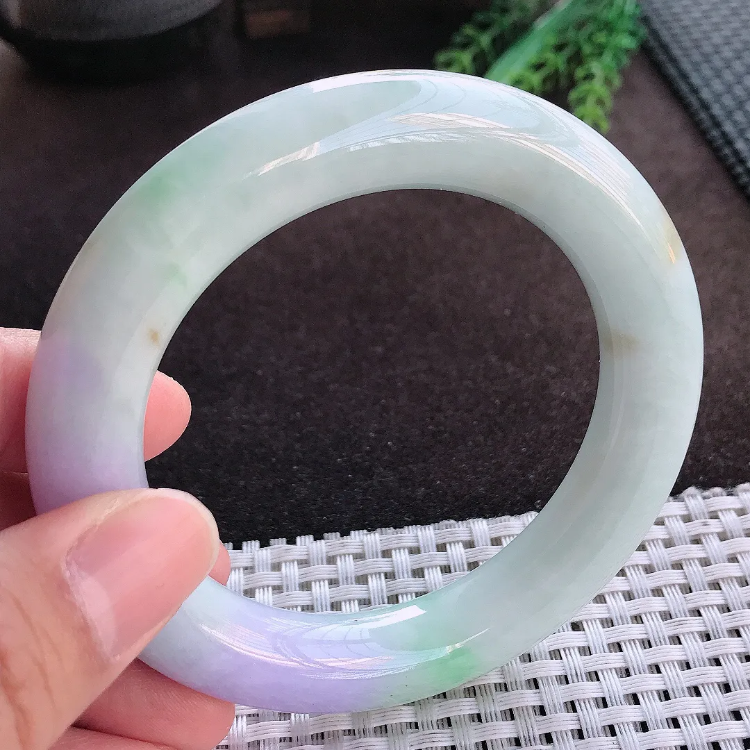 天然A货翡翠57/12.4老坑精美温润紫罗兰胖圆条手镯玉手镯