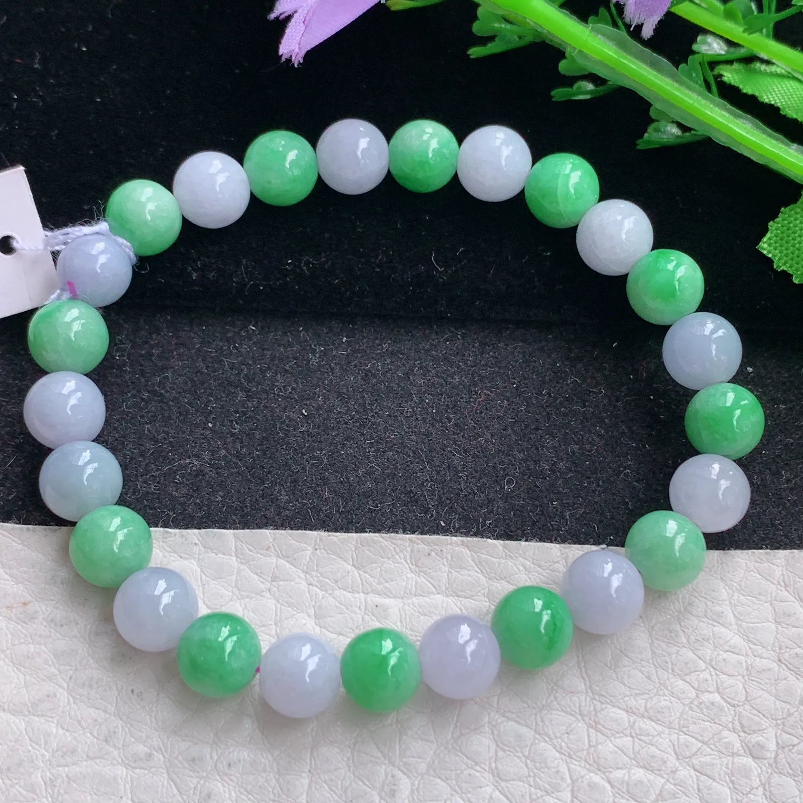 ss自然光7.7mm天然缅甸翡翠a货紫加绿别致圆珠玉手链  玉手串 25颗