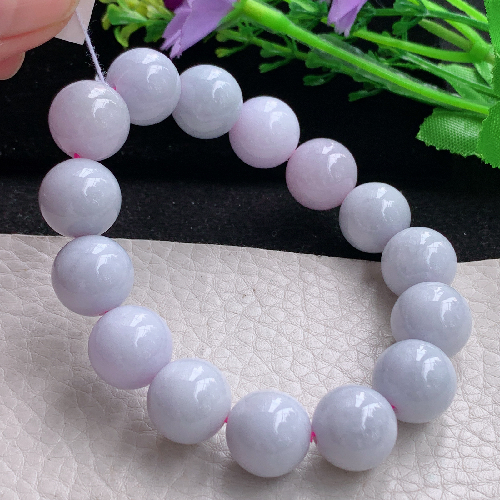 ss自然光13.3mm天然缅甸翡翠a货淡紫水润圆珠玉手链  玉手串